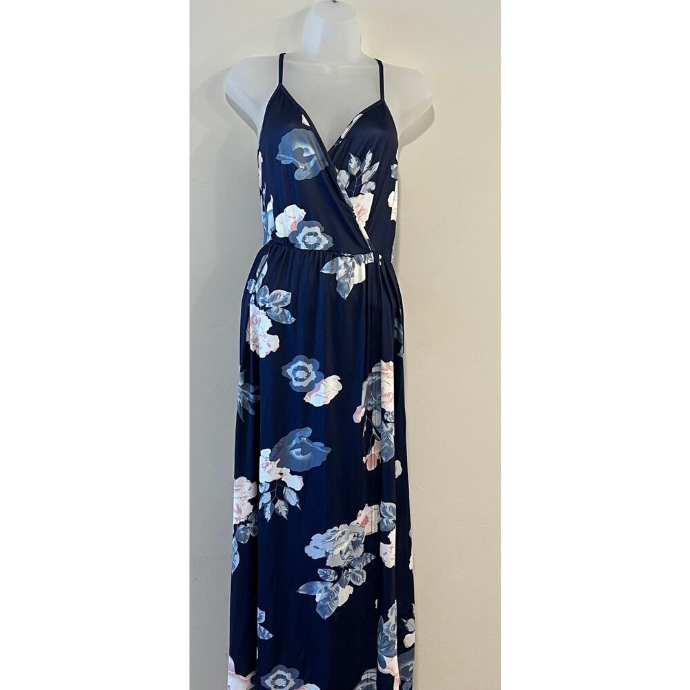 Navy Floral Maxi Dress Spaghetti Strap V-Neck Sleeveless Size Small NWT - Picture 2 of 9